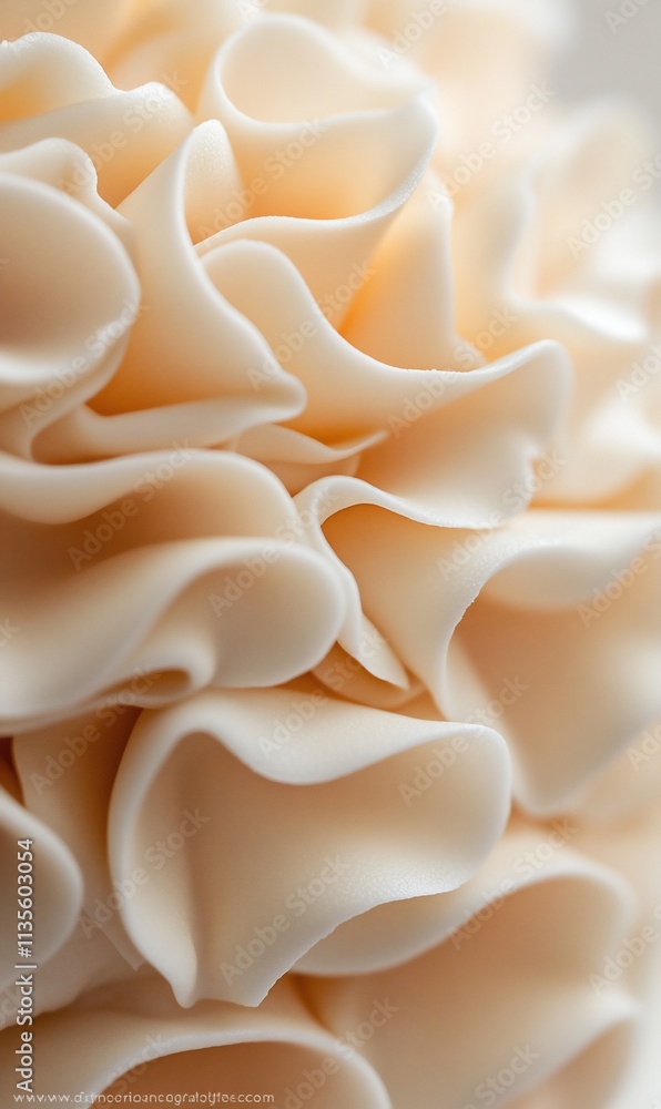 Close-up view of delicate, ruffled, light beige frosting swirls on a cake. Close-up view of delicate, ruffled, light beige frosting swirls on a cake.