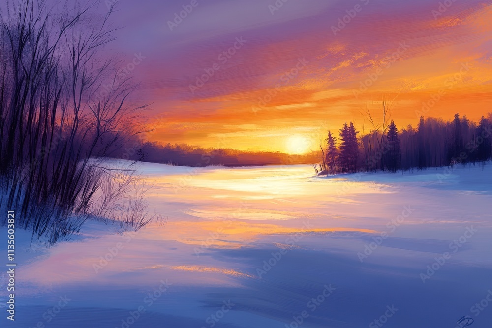 Winter Sunset Over Frozen Lake And Trees Winter Sunset Over Frozen Lake And Trees