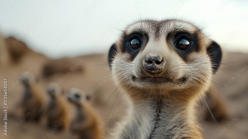 Fototapeta premium Close-up of a curious meerkat with a playful expression against a sandy backdrop.