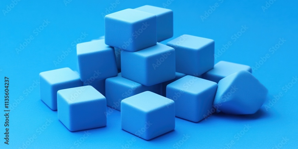 Blue cubes scattered on a blue background. Blue cubes scattered on a blue background.