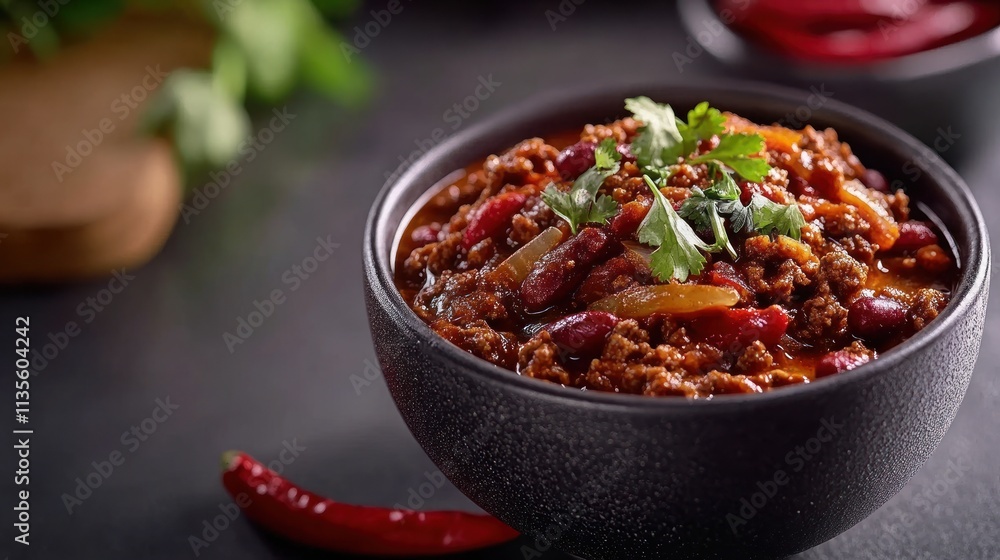Delicious Spicy Chili Con Carne in a Rustic Bowl Delicious Spicy Chili Con Carne in a Rustic Bowl