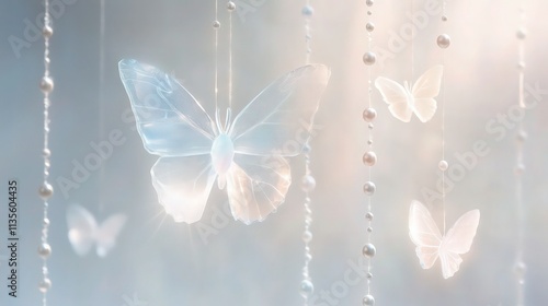 A soft, misty white background with glowing crystal butterflies hanging vertically in a series of pearl-like ropes. The largest butterfly, a crystal-clear transparent .