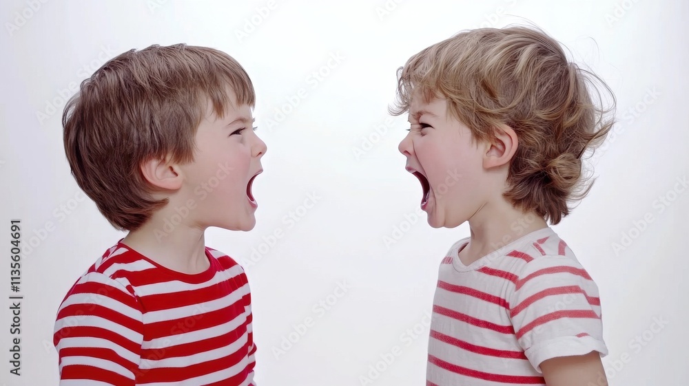 Two young children in striped shirts shouting at each other. Two young children in striped shirts shouting at each other.
