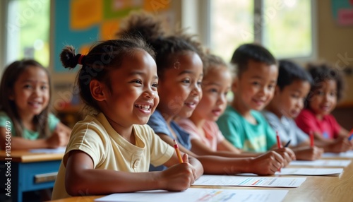 Diverse group of happy primary school students sit at desks in bright classroom. Engaged in learning activities. Children interacting together during learning session. Bright setting full of