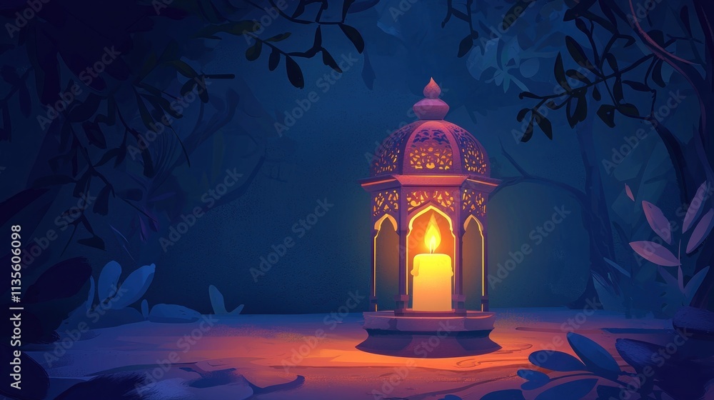 Illuminated Lantern in a Dark Forest Setting Illuminated Lantern in a Dark Forest Setting