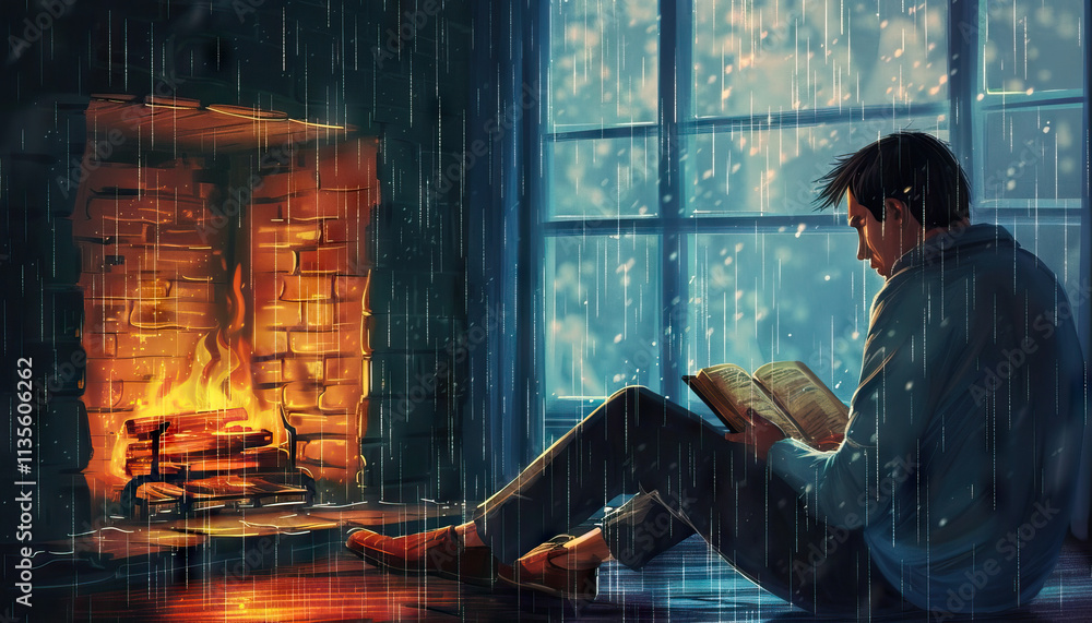 Man Reading by Fireplace During Rainstorm Man Reading by Fireplace During Rainstorm