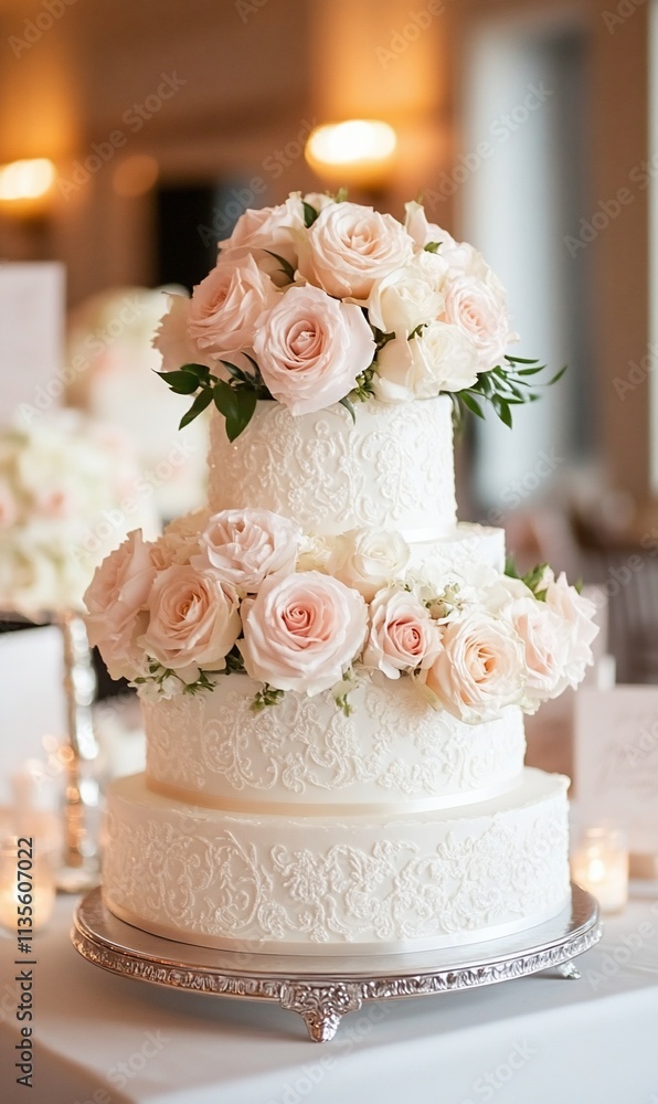 Elegant three-tiered wedding cake adorned with blush pink roses. Elegant three-tiered wedding cake adorned with blush pink roses.