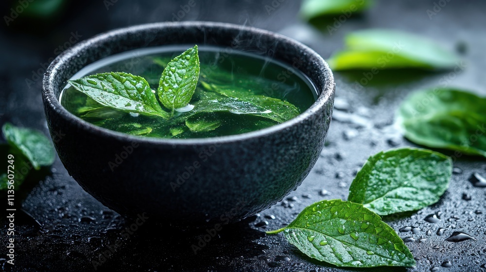 a bowl of green liquid on a table with leaves