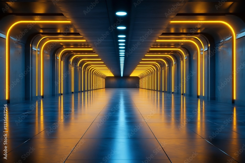 Fototapeta premium Illuminated Futuristic Architectural Tunnel With Geometric Patterns and Vibrant Lighting