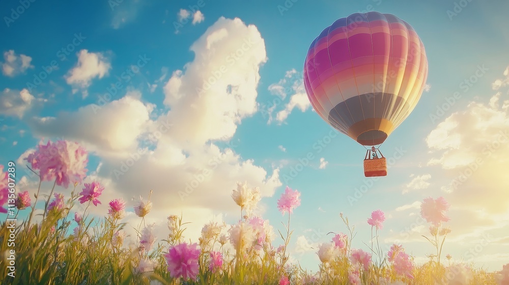 Fototapeta premium Colorful hot air balloon floating above a vibrant flower field on a bright summer day, symbolizing freedom, adventure, nature, and scenic outdoor exploration