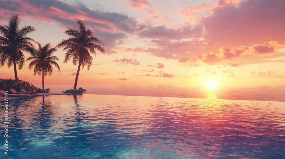 Tranquil Sunset Over Ocean Poolside Palms Tranquil Sunset Over Ocean Poolside Palms