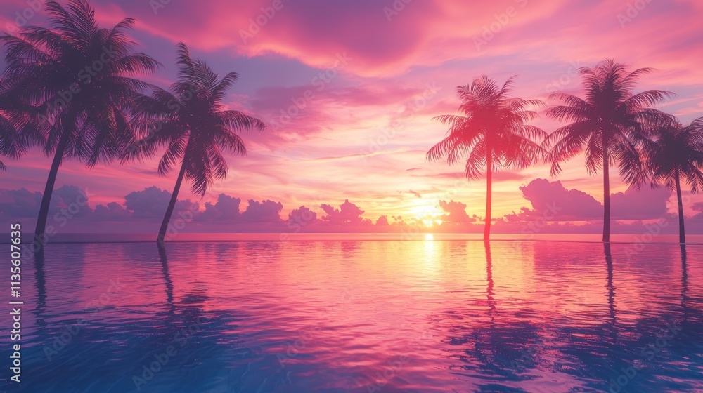 Pink Sunset Over Calm Ocean With Palm Trees Pink Sunset Over Calm Ocean With Palm Trees