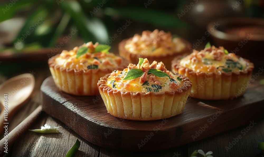 Four mini spinach and cheese quiches on wooden board. Four mini spinach and cheese quiches on wooden board.