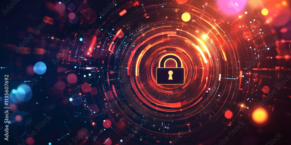Obraz premium A glowing lock at the center of swirling data streams in orange and blue, symbolizing encryption, cybersecurity, and technological innovation