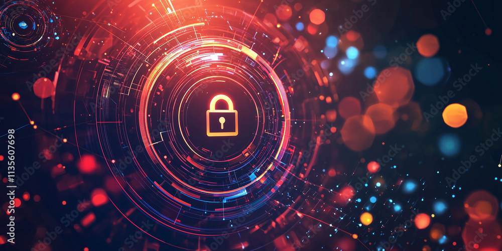 Obraz premium glowing padlock icon on a vibrant red circular digital interface, symbolizing cybersecurity, encryption, and technology security in a futuristic and abstract style