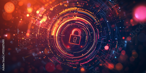 A digital lock glowing in orange and red with intricate patterns of data, representing modern technology, cybersecurity, and advanced encryption.