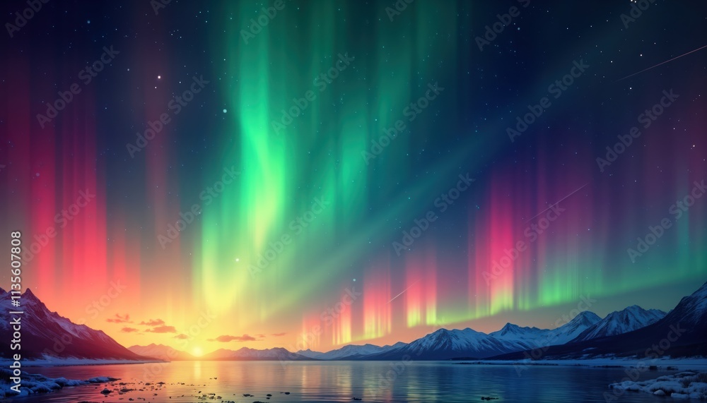 Vibrant aurora borealis display over calm lake, snowy mountains at sunrise. Colorful northern lights with rainbow effect illuminate night sky. Dramatic landscape with stunning colors. Nature scene. Vibrant aurora borealis display over calm lake, snowy mountains at sunrise. Colorful northern lights with rainbow effect illuminate night sky. Dramatic landscape with stunning colors. Nature scene.