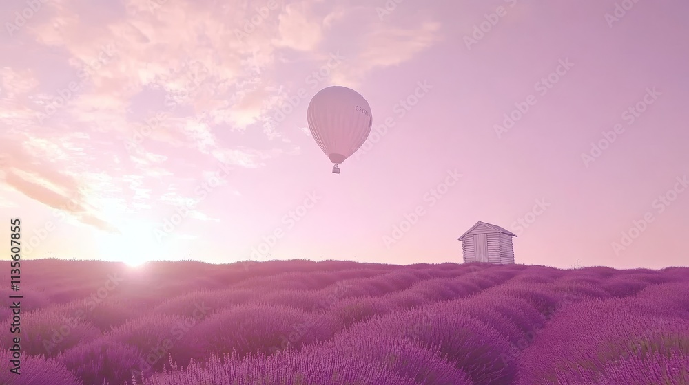 Fototapeta premium Endless lavender fields at sunrise with a small shed and a colorful hot air balloon flying over the scenic landscape in Valensole, Provence, France, showcasing natural beauty and tranquility