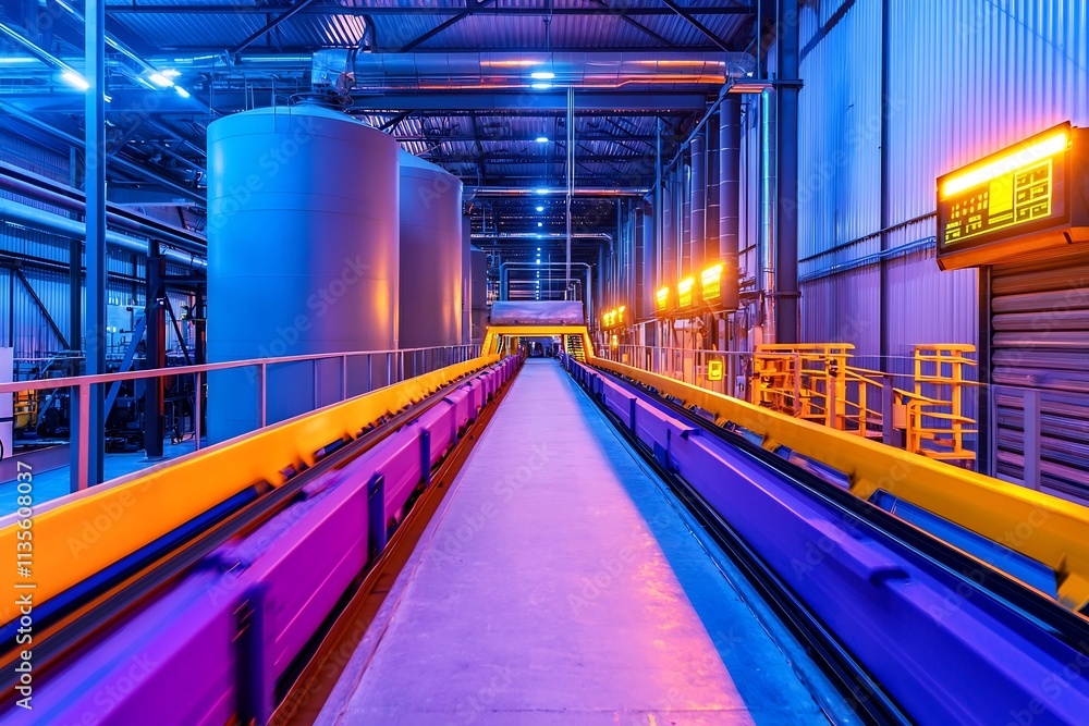 Obraz premium Futuristic Eco Friendly Recycling Facility with Neon Lit Conveyor Belts and Glowing Readouts