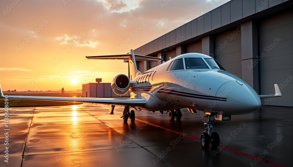 Luxury private jet positioned at modern hangar sunset. Warm golden light reflects on wet tarmac. Aircraft gleaming. Luxury travel concept. Business aviation. Travel. Elegance. Luxury private jet positioned at modern hangar sunset. Warm golden light reflects on wet tarmac. Aircraft gleaming. Luxury travel concept. Business aviation. Travel. Elegance.