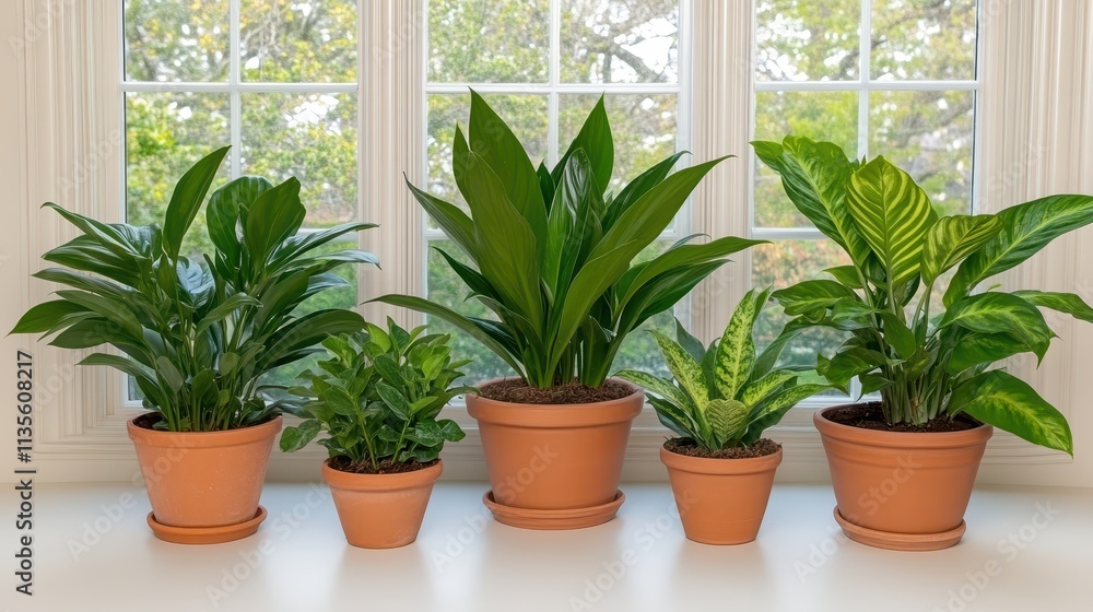 Fresh Indoor Plants in Terracotta Pots on Bright Windowsill with Natural Light Fresh Indoor Plants in Terracotta Pots on Bright Windowsill with Natural Light