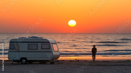 Woman enjoying the serene sunset by the beach with her mobile home, embracing freedom, nature, and a peaceful travel lifestyle in an idyllic coastal setting photo