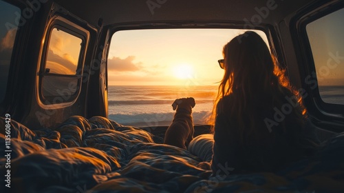 Young woman with sunglasses and her loyal dog watching the sunset from the cozy bed of her campervan, embracing freedom, nature, and a minimalist travel lifestyle photo