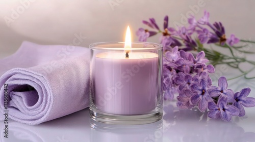 A candle in a glass container with a lilac color, next to it is an elegant fabric napkin and purple flowers. The background of the photo is a light lavender color.