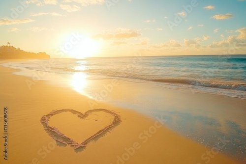 Heart Shape Drawn in Sand at Tropical Beach During Sunset with Gentle Waves and Soft Lighting for Romantic or Vacation Themes photo