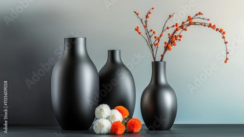 A contemporary still-life composition featuring three matte black vases of varying heights, positioned on a dark gray table against a gradient gray to charcoal wall. 