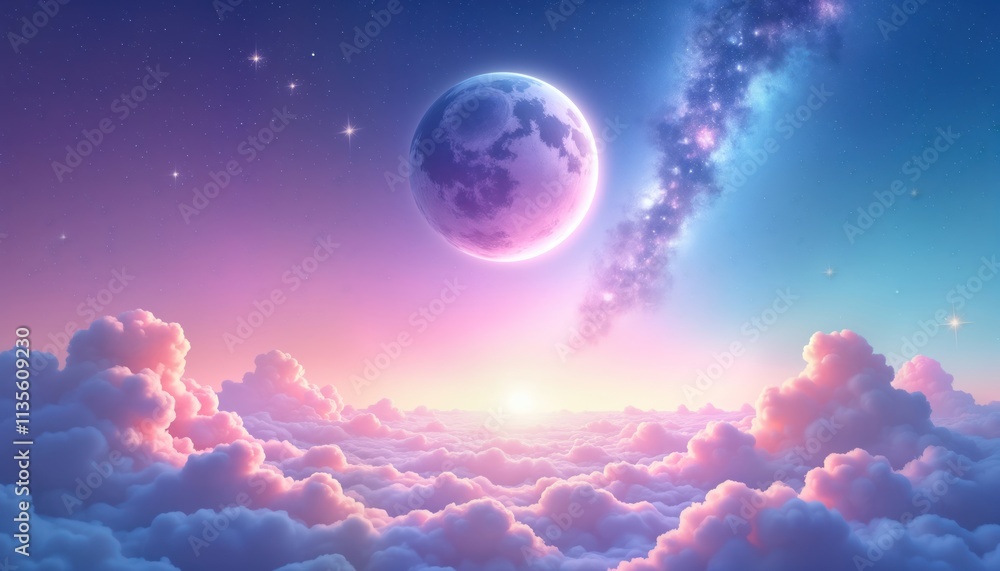 View from above soft pink, purple clouds. Large fluffy clouds float in colorful space. Beautiful giant moon, galaxy shine in sky above colorful clouds. Soft gentle light creates dreamy atmosphere. View from above soft pink, purple clouds. Large fluffy clouds float in colorful space. Beautiful giant moon, galaxy shine in sky above colorful clouds. Soft gentle light creates dreamy atmosphere.