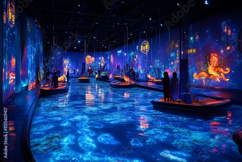 A vibrant immersive art installation featuring aquatic themes and colorful projections.