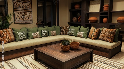 A cozy and earthy living room with an L-shaped sectional sofa featuring a soft brown frame and deep forest-green cushions. 