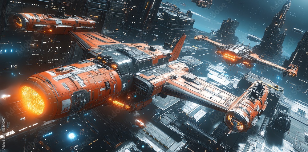 A futuristic scene depicting spacecraft navigating through a vibrant, high-tech cityscape. A futuristic scene depicting spacecraft navigating through a vibrant, high-tech cityscape.