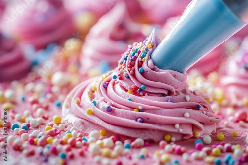 Pink frosting piped onto a cupcake with sprinkles. photo