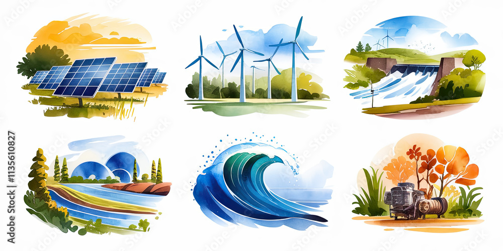Naklejka premium Renewable Energy Sources Solar Wind Hydro Wave Power Illustrations