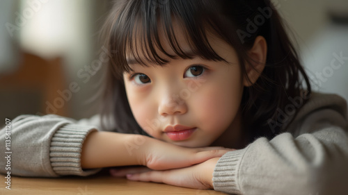 A cute young Asian American girl resting her chin on her hands and looking at the camera. A little child in school at her desk.