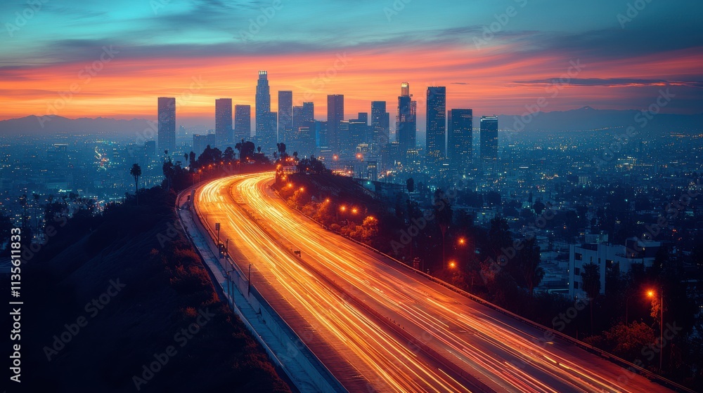 a city skyline with lights on the road a city skyline with lights on the road