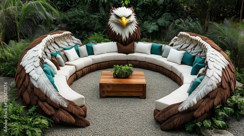 A breathtaking eagle-themed garden seating area with a semi-circular couch shaped like an eaglewings, featuring a layered feather . photo