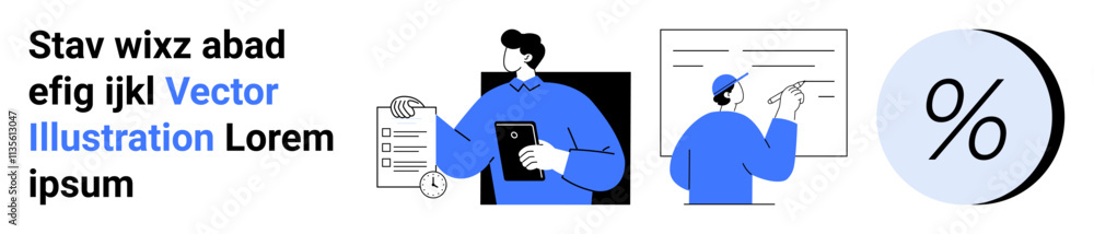 Businessman reviewing a document, presenting data on the whiteboard, large percent symbol. Ideal for business plans, presentations, financial reports, marketing, e-commerce, educational materials Businessman reviewing a document, presenting data on the whiteboard, large percent symbol. Ideal for business plans, presentations, financial reports, marketing, e-commerce, educational materials