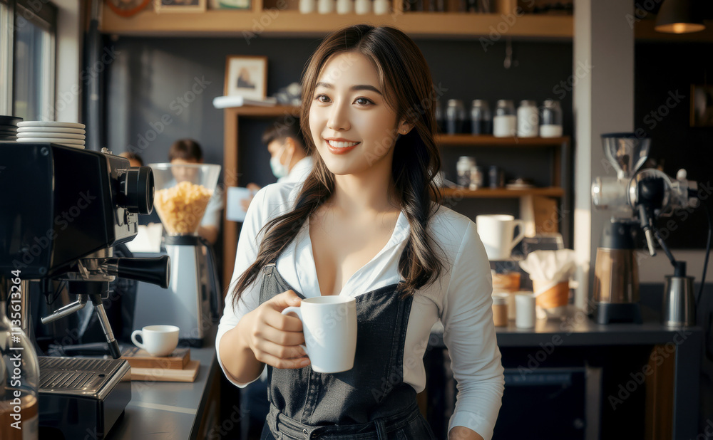 cheerful barista holding cup in cozy cafe setting, surrounded by coffee equipment and warm decor. atmosphere is inviting and friendly cheerful barista holding cup in cozy cafe setting, surrounded by coffee equipment and warm decor. atmosphere is inviting and friendly