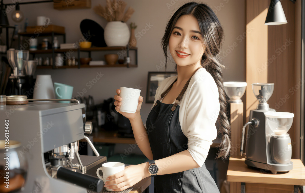 pretty barista holding cup in cozy cafe setting, smiling warmly. background features coffee equipment and welcoming atmosphere pretty barista holding cup in cozy cafe setting, smiling warmly. background features coffee equipment and welcoming atmosphere