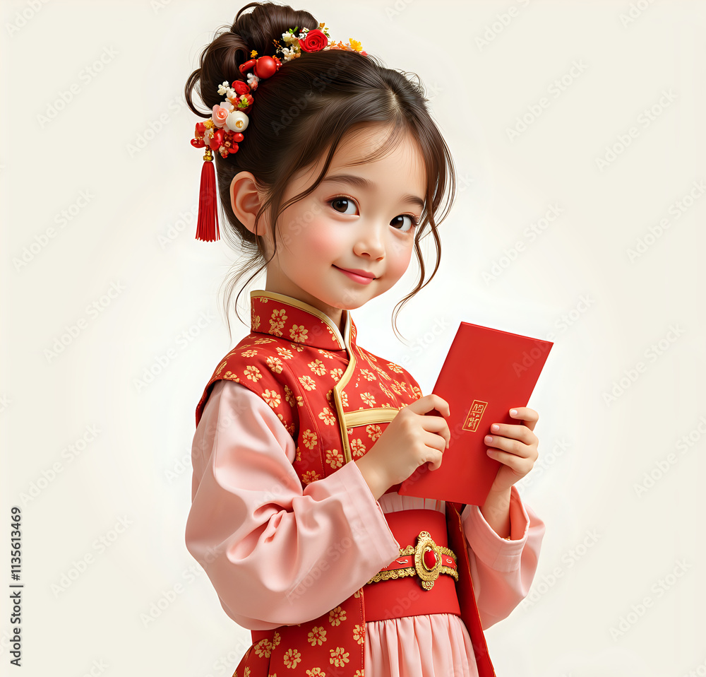 Elegant Young Asian Girl in Traditional Red Dress Holding Lucky Envelope with Festive Spirit Elegant Young Asian Girl in Traditional Red Dress Holding Lucky Envelope with Festive Spirit