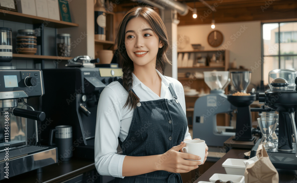 cheerful barista holding cup in cozy cafe setting, surrounded by coffee machines and decor. warm atmosphere invites relaxation and enjoyment cheerful barista holding cup in cozy cafe setting, surrounded by coffee machines and decor. warm atmosphere invites relaxation and enjoyment
