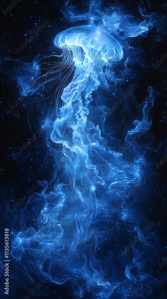 Obraz premium A mesmerizing depiction of swirling blue cosmic energy resembling a jellyfish in space.