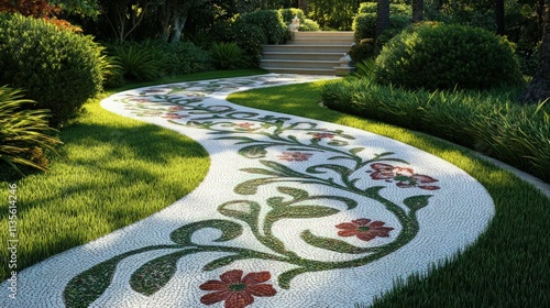 Fototapeta Naklejka Na Ścianę i Meble -  A picturesque garden path with a mosaic design of floral and vine patterns in green and red, crafted from smooth white pebbles. 