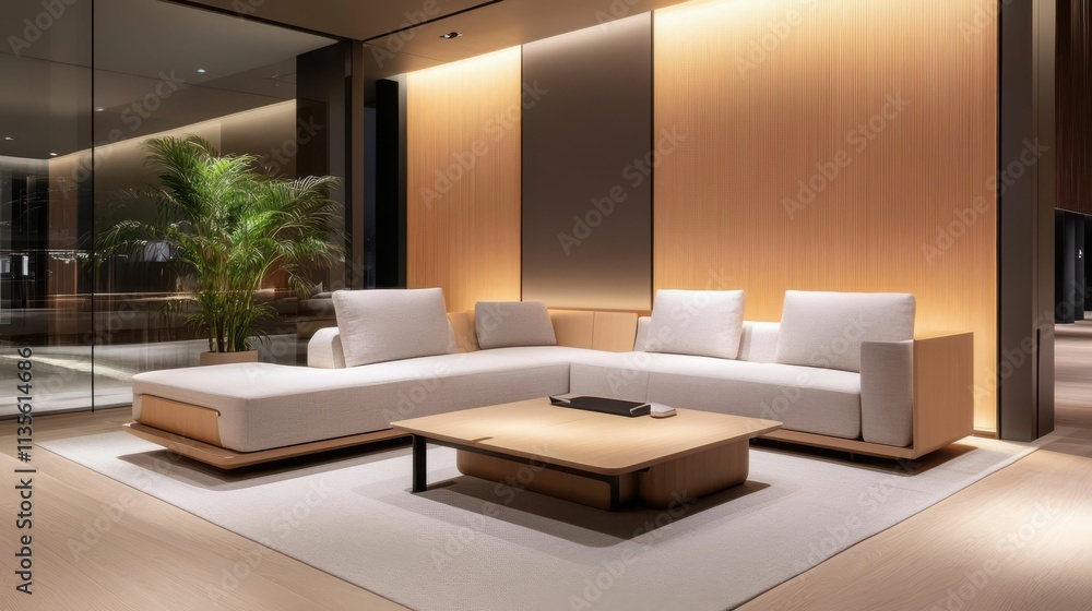 A living room with a white couch and a coffee table A living room with a white couch and a coffee table