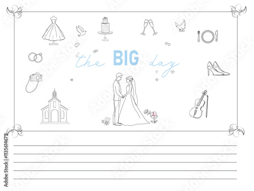 Line-style wedding elements for the words "The Big Day" include a bride and groom, photographer, cake, champagne glasses, rings, church, violin, dress, and shoes on a white background