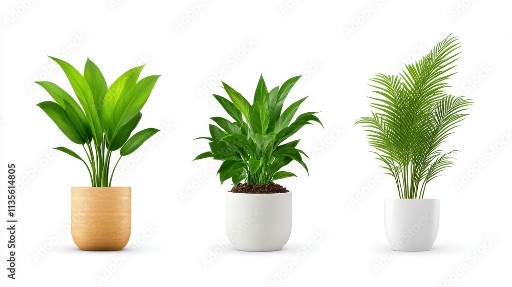 Three potted plants of different sizes and shapes are arranged in a row Three potted plants of different sizes and shapes are arranged in a row
