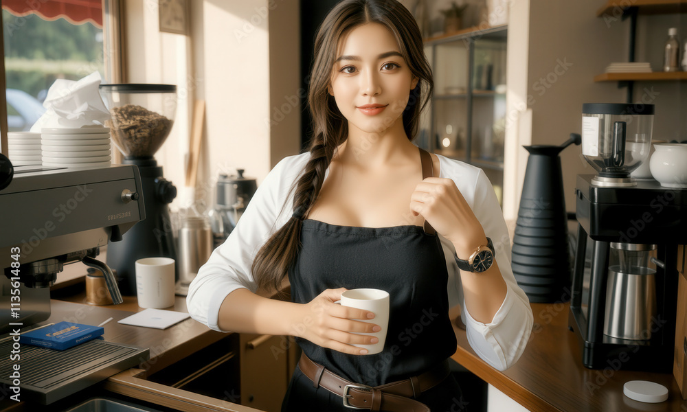 Barista holding cup in cozy cafe setting, showcasing warm smile and stylish attire. inviting atmosphere enhances coffee experience Barista holding cup in cozy cafe setting, showcasing warm smile and stylish attire. inviting atmosphere enhances coffee experience